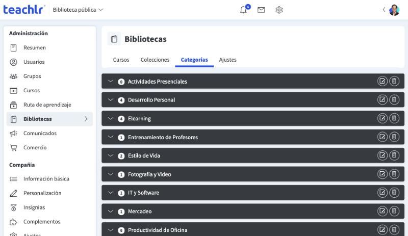 Pestaña Categorías de Bibliotecas, con la lista de categorías y sus iconos de editar y eliminar