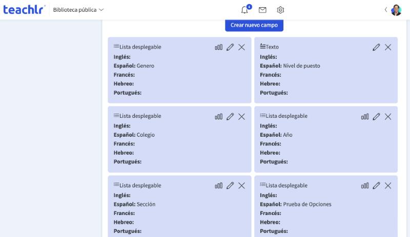 Bloque Campos de usuario personalizados, con el botón Crear nuevo campo y la lista de campos existentes