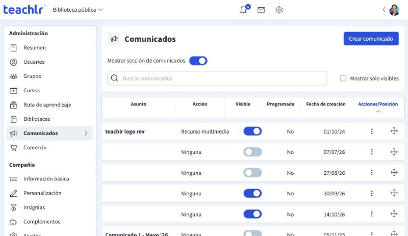Lista de comunicados, con el interruptor de la sección, la búsqueda y la tabla de comunicados