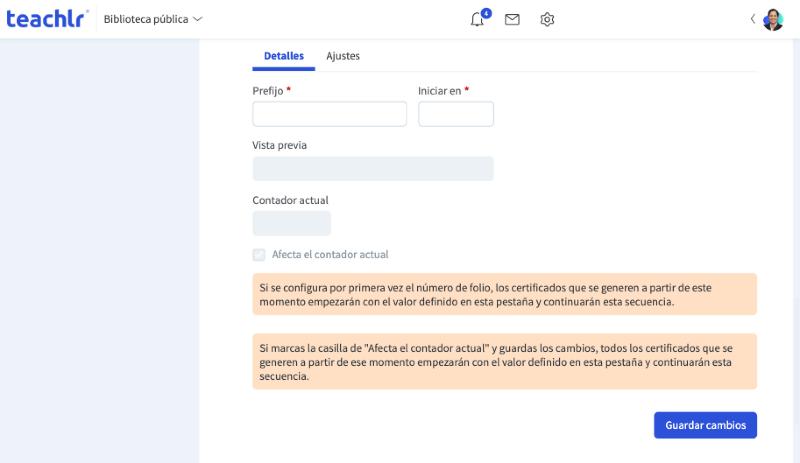 Pestaña Detalles del número de folio, con los campos Prefijo, Iniciar en, Vista previa y Contador actual
