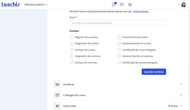 Formulario del complemento Webhook, con el campo Ruta y las casillas de los diez eventos